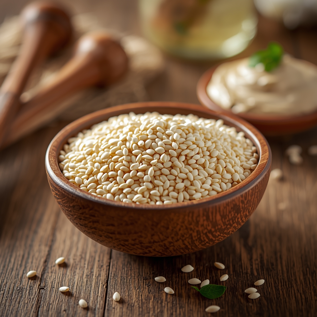 davirose bowl of white sesame seeds on wooden table tahini paste beside it natural ingred 0 (2)