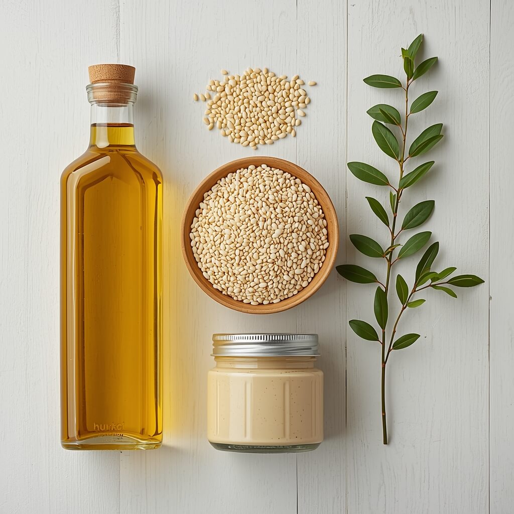 davirose flat lay of sesame products bottle of sesame oil bowl of white sesame seeds sesa 0 (1)