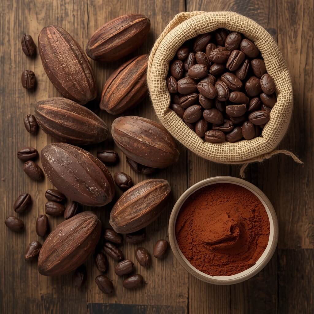 davirose flat lay product photography of cocoa products whole cocoa pods dried cocoa bean 0 (2)