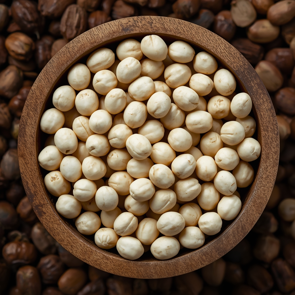 davirose white raw cocoa beans after fermentation in rustic wooden bowl agricultural prod 0